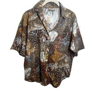 Vintage Denim Co Womens Safari Animal All Over Print Button Up Collared USA Made